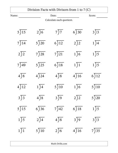 The Division Facts with Divisors and Quotients from 1 to 7 with Long Division Symbol/Bracket (C) Math Worksheet