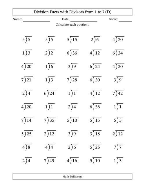 The Division Facts with Divisors and Quotients from 1 to 7 with Long Division Symbol/Bracket (D) Math Worksheet