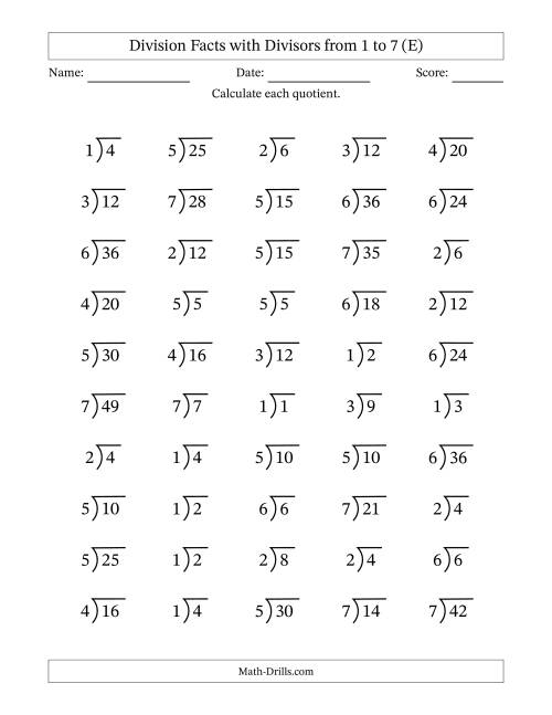 The Division Facts with Divisors and Quotients from 1 to 7 with Long Division Symbol/Bracket (E) Math Worksheet