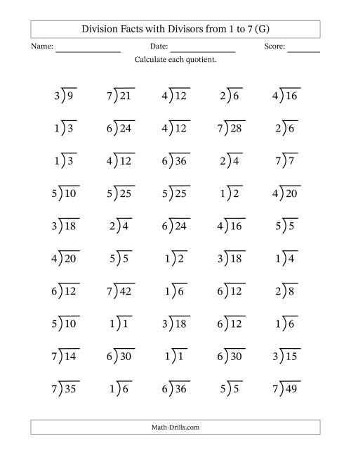 The Division Facts with Divisors and Quotients from 1 to 7 with Long Division Symbol/Bracket (G) Math Worksheet