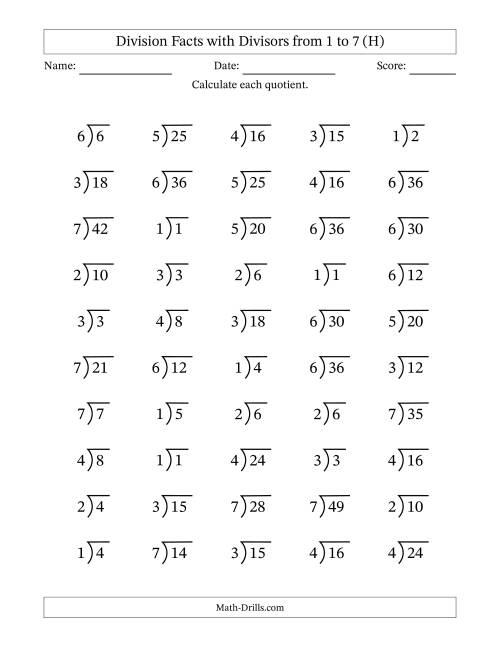 The Division Facts with Divisors and Quotients from 1 to 7 with Long Division Symbol/Bracket (H) Math Worksheet