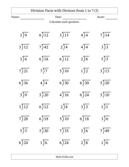 The Division Facts with Divisors and Quotients from 1 to 7 with Long Division Symbol/Bracket (I) Math Worksheet