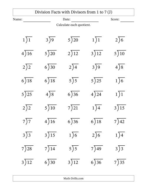 The Division Facts with Divisors and Quotients from 1 to 7 with Long Division Symbol/Bracket (J) Math Worksheet