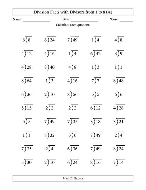 The Division Facts with Divisors and Quotients from 1 to 8 with Long Division Symbol/Bracket (A) Math Worksheet