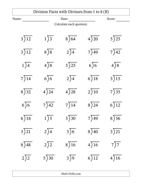 The Division Facts with Divisors and Quotients from 1 to 8 with Long Division Symbol/Bracket (B) Math Worksheet