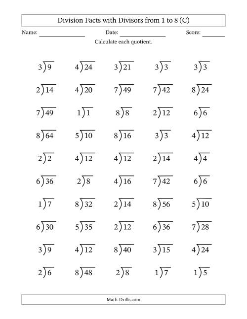 The Division Facts with Divisors and Quotients from 1 to 8 with Long Division Symbol (C) Math Worksheet