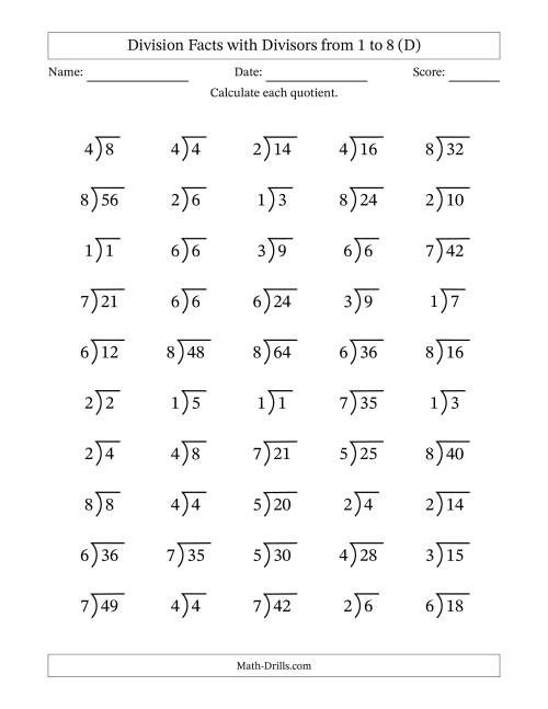 The Division Facts with Divisors and Quotients from 1 to 8 with Long Division Symbol (D) Math Worksheet