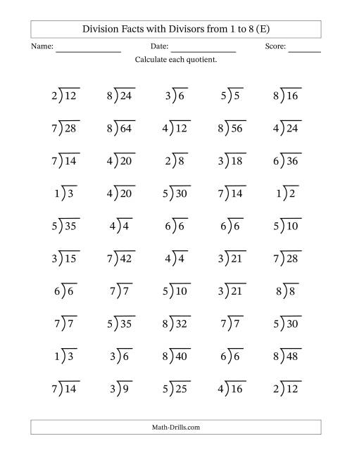 The Division Facts with Divisors and Quotients from 1 to 8 with Long Division Symbol (E) Math Worksheet