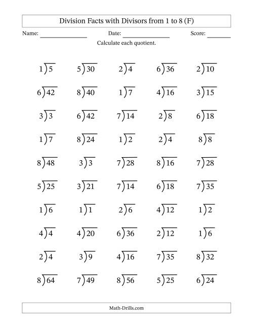 The Division Facts with Divisors and Quotients from 1 to 8 with Long Division Symbol (F) Math Worksheet