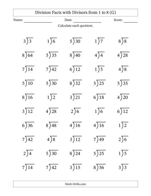 The Division Facts with Divisors and Quotients from 1 to 8 with Long Division Symbol (G) Math Worksheet