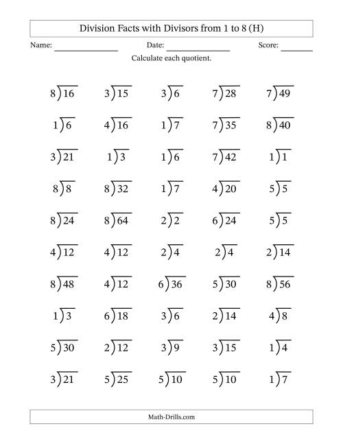 The Division Facts with Divisors and Quotients from 1 to 8 with Long Division Symbol (H) Math Worksheet