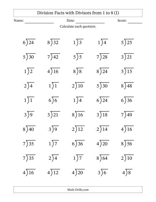 The Division Facts with Divisors and Quotients from 1 to 8 with Long Division Symbol (I) Math Worksheet