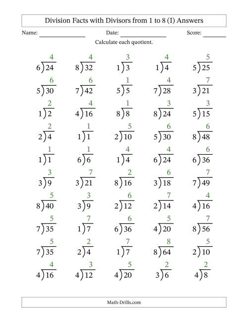 The Division Facts with Divisors and Quotients from 1 to 8 with Long Division Symbol (I) Math Worksheet Page 2