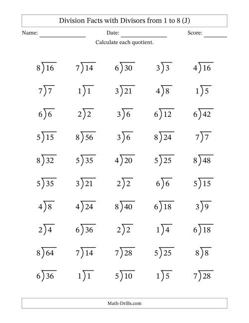 The Division Facts with Divisors and Quotients from 1 to 8 with Long Division Symbol (J) Math Worksheet