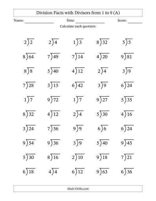 The Division Facts with Divisors and Quotients from 1 to 9 with Long Division Symbol (A) Math Worksheet