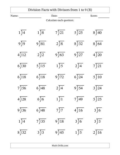 The Division Facts with Divisors and Quotients from 1 to 9 with Long Division Symbol/Bracket (B) Math Worksheet