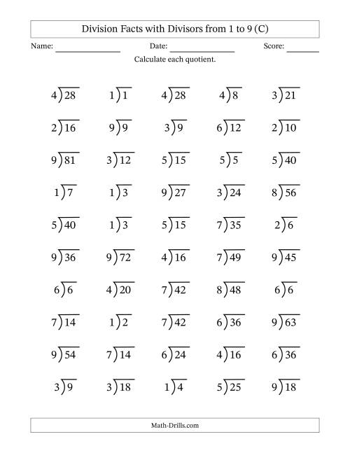 The Division Facts with Divisors and Quotients from 1 to 9 with Long Division Symbol/Bracket (C) Math Worksheet
