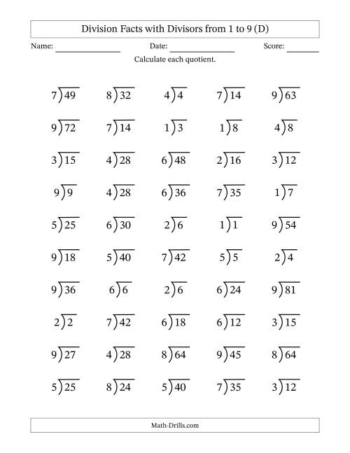 The Division Facts with Divisors and Quotients from 1 to 9 with Long Division Symbol/Bracket (D) Math Worksheet