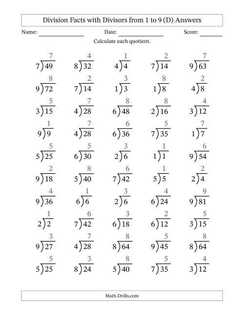The Division Facts with Divisors and Quotients from 1 to 9 with Long Division Symbol/Bracket (D) Math Worksheet Page 2