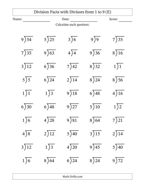 The Division Facts with Divisors and Quotients from 1 to 9 with Long Division Symbol/Bracket (E) Math Worksheet