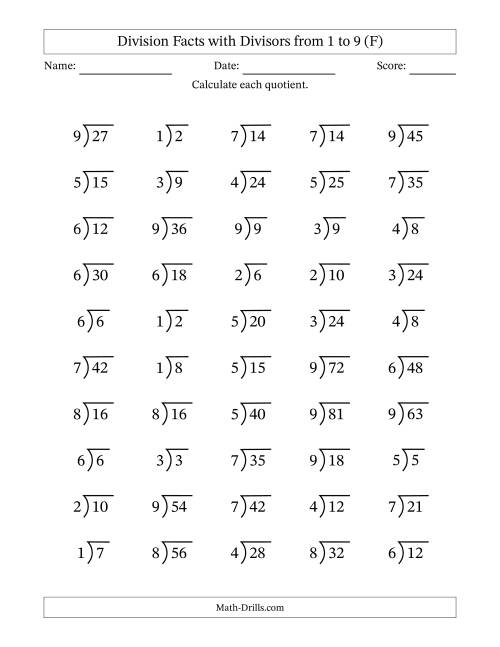 The Division Facts with Divisors and Quotients from 1 to 9 with Long Division Symbol/Bracket (F) Math Worksheet