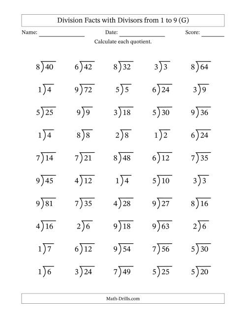 The Division Facts with Divisors and Quotients from 1 to 9 with Long Division Symbol/Bracket (G) Math Worksheet