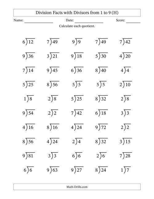 The Division Facts with Divisors and Quotients from 1 to 9 with Long Division Symbol/Bracket (H) Math Worksheet