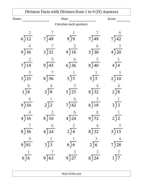 The Division Facts with Divisors and Quotients from 1 to 9 with Long Division Symbol/Bracket (H) Math Worksheet Page 2