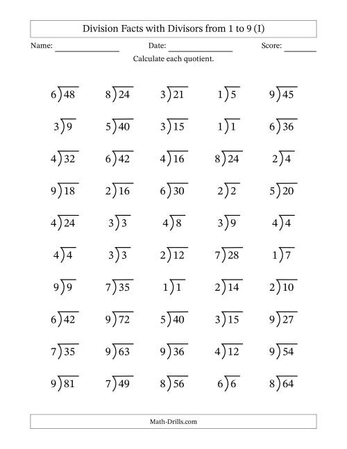 The Division Facts with Divisors and Quotients from 1 to 9 with Long Division Symbol/Bracket (I) Math Worksheet
