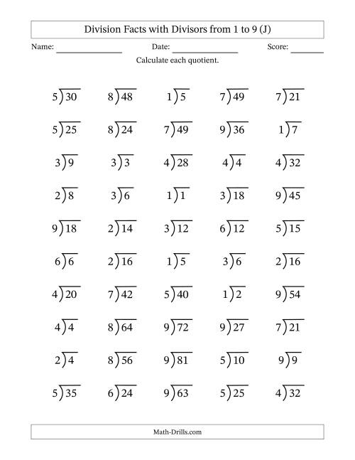 The Division Facts with Divisors and Quotients from 1 to 9 with Long Division Symbol/Bracket (J) Math Worksheet