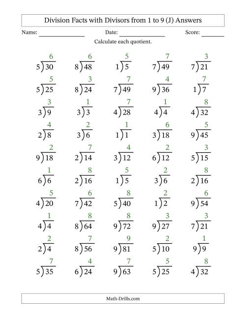 The Division Facts with Divisors and Quotients from 1 to 9 with Long Division Symbol/Bracket (J) Math Worksheet Page 2