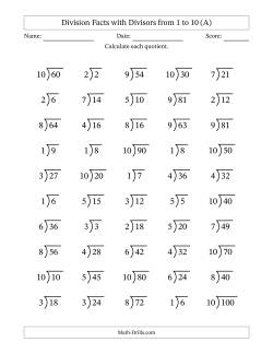 Division Facts with Divisors and Quotients from 1 to 10 with Long Division Symbol/Bracket