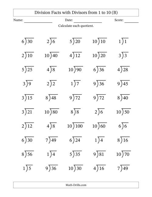 The Division Facts with Divisors and Quotients from 1 to 10 with Long Division Symbol/Bracket (B) Math Worksheet