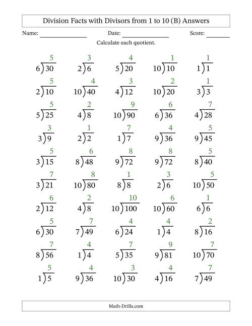 The Division Facts with Divisors and Quotients from 1 to 10 with Long Division Symbol/Bracket (B) Math Worksheet Page 2