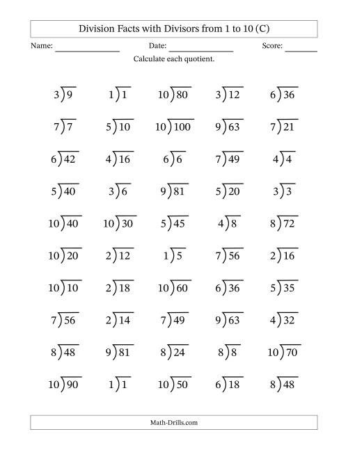 The Division Facts with Divisors and Quotients from 1 to 10 with Long Division Symbol/Bracket (C) Math Worksheet