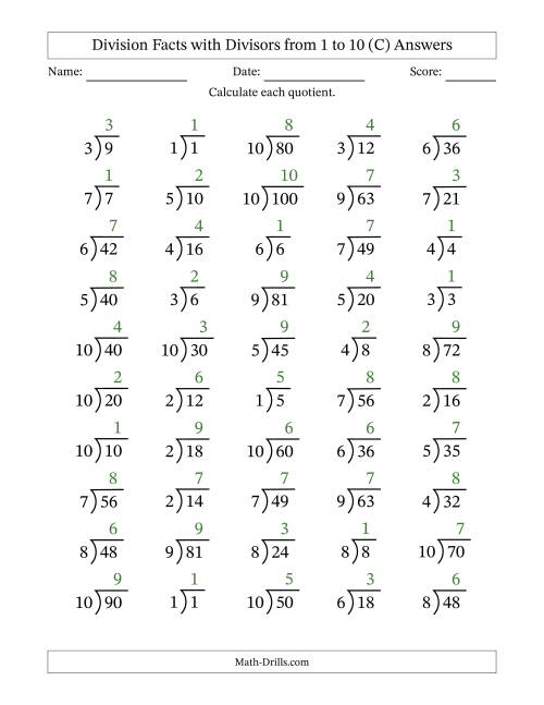The Division Facts with Divisors and Quotients from 1 to 10 with Long Division Symbol/Bracket (C) Math Worksheet Page 2