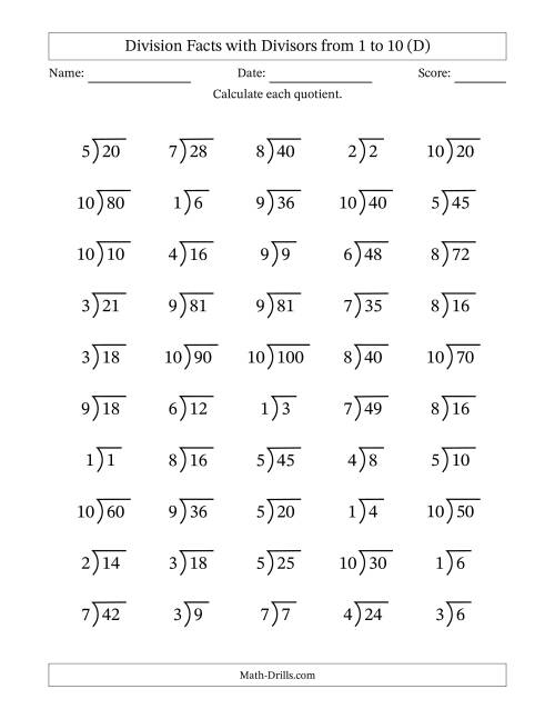 The Division Facts with Divisors and Quotients from 1 to 10 with Long Division Symbol (D) Math Worksheet