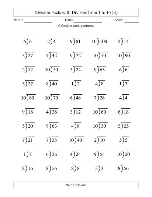 The Division Facts with Divisors and Quotients from 1 to 10 with Long Division Symbol/Bracket (E) Math Worksheet