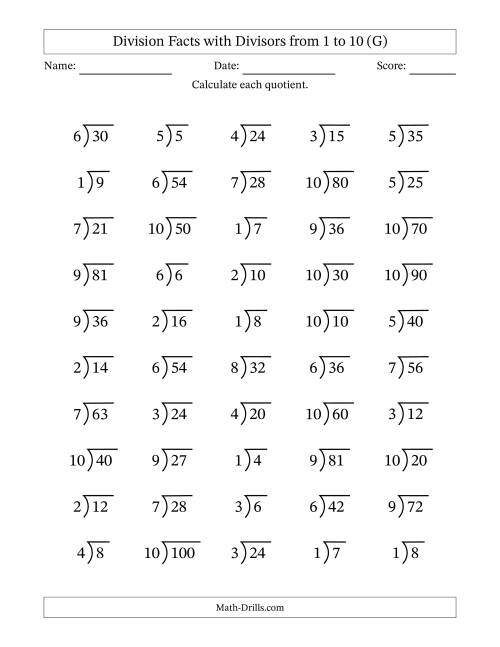 The Division Facts with Divisors and Quotients from 1 to 10 with Long Division Symbol/Bracket (G) Math Worksheet