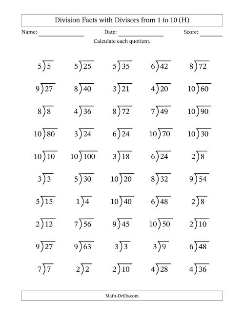 The Division Facts with Divisors and Quotients from 1 to 10 with Long Division Symbol/Bracket (H) Math Worksheet