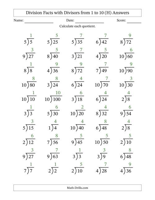 The Division Facts with Divisors and Quotients from 1 to 10 with Long Division Symbol/Bracket (H) Math Worksheet Page 2
