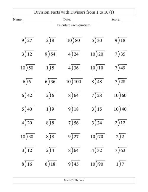 The Division Facts with Divisors and Quotients from 1 to 10 with Long Division Symbol/Bracket (I) Math Worksheet