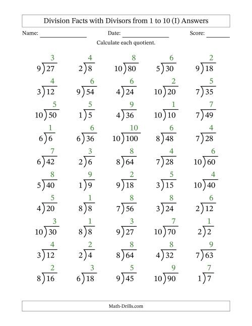 The Division Facts with Divisors and Quotients from 1 to 10 with Long Division Symbol/Bracket (I) Math Worksheet Page 2