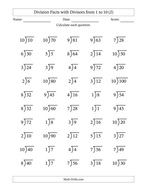 The Division Facts with Divisors and Quotients from 1 to 10 with Long Division Symbol/Bracket (J) Math Worksheet