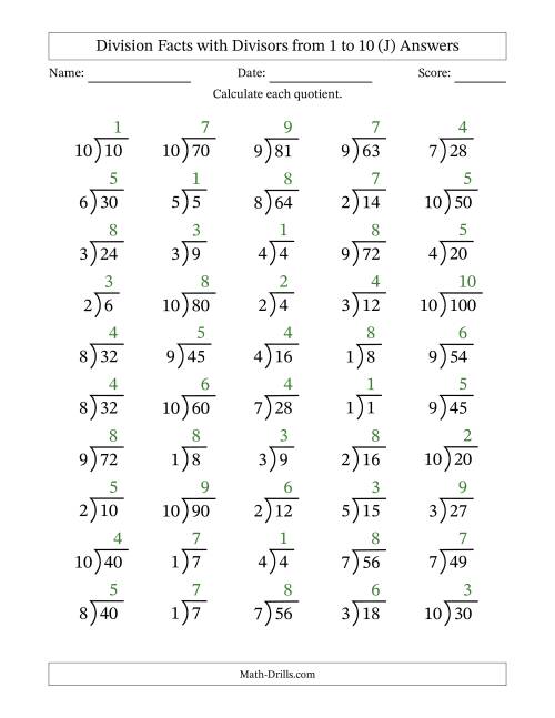The Division Facts with Divisors and Quotients from 1 to 10 with Long Division Symbol/Bracket (J) Math Worksheet Page 2
