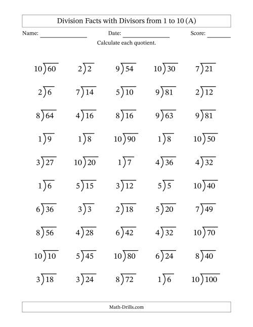 The Division Facts with Divisors and Quotients from 1 to 10 with Long Division Symbol/Bracket (All) Math Worksheet