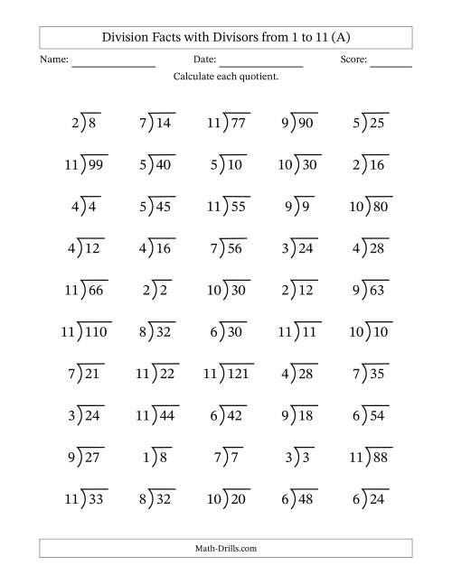 The Division Facts with Divisors and Quotients from 1 to 11 with Long Division Symbol (A) Math Worksheet