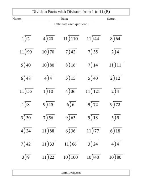 The Division Facts with Divisors and Quotients from 1 to 11 with Long Division Symbol (B) Math Worksheet