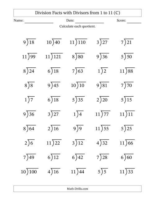 The Division Facts with Divisors and Quotients from 1 to 11 with Long Division Symbol/Bracket (C) Math Worksheet