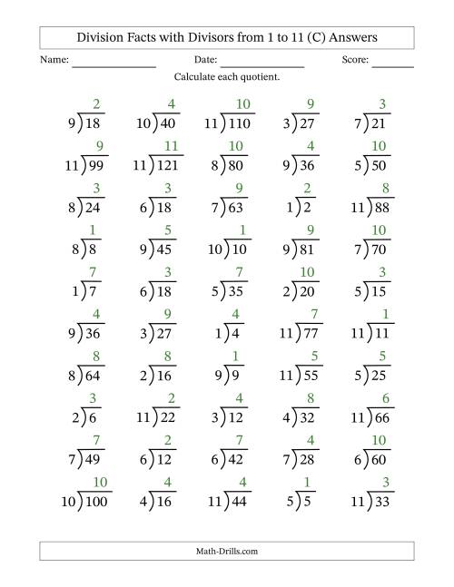The Division Facts with Divisors and Quotients from 1 to 11 with Long Division Symbol/Bracket (C) Math Worksheet Page 2